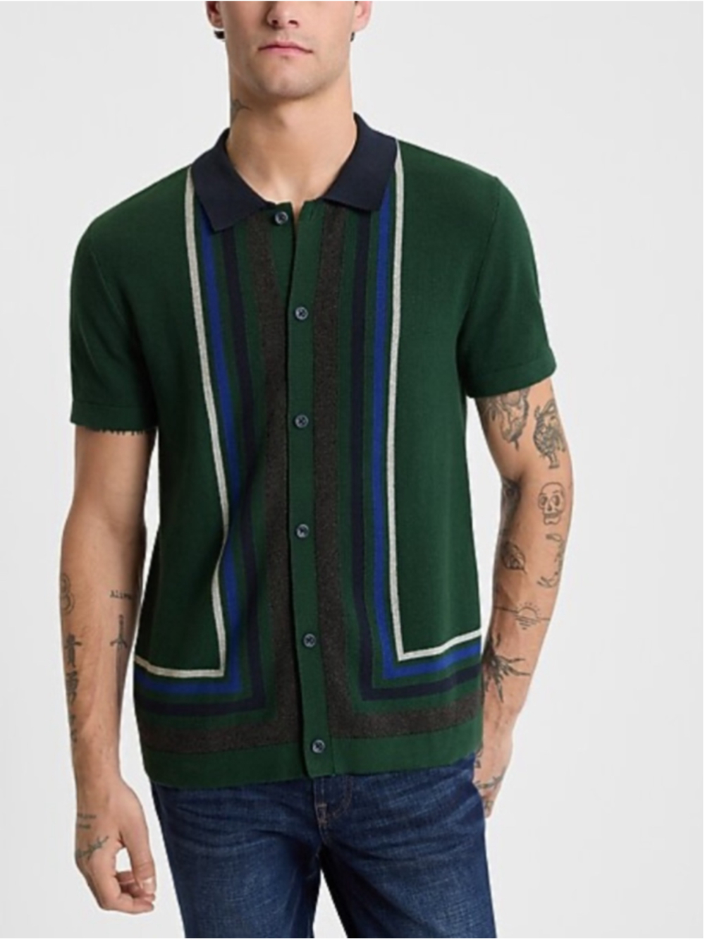 EXPRESS Stripe Framed Cotton Green Collared Polo Shirt, Casual Top, Sz M